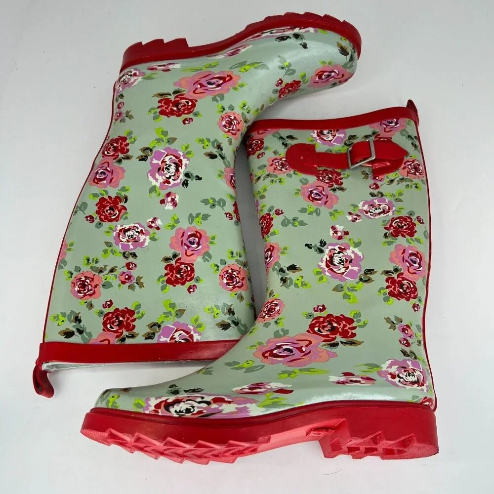 Womens Green Waterproof Garden Strap Floral Mid Calf Slip On Size 6 Rain Boots